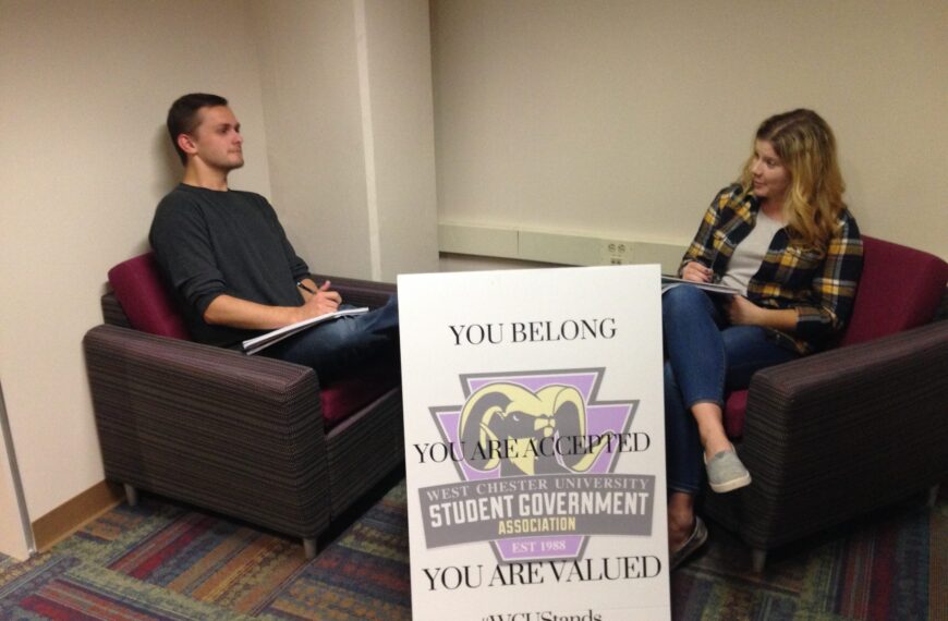 Student Government President and Secretary discussing their plans moving forward to stand against hate at West Chester University