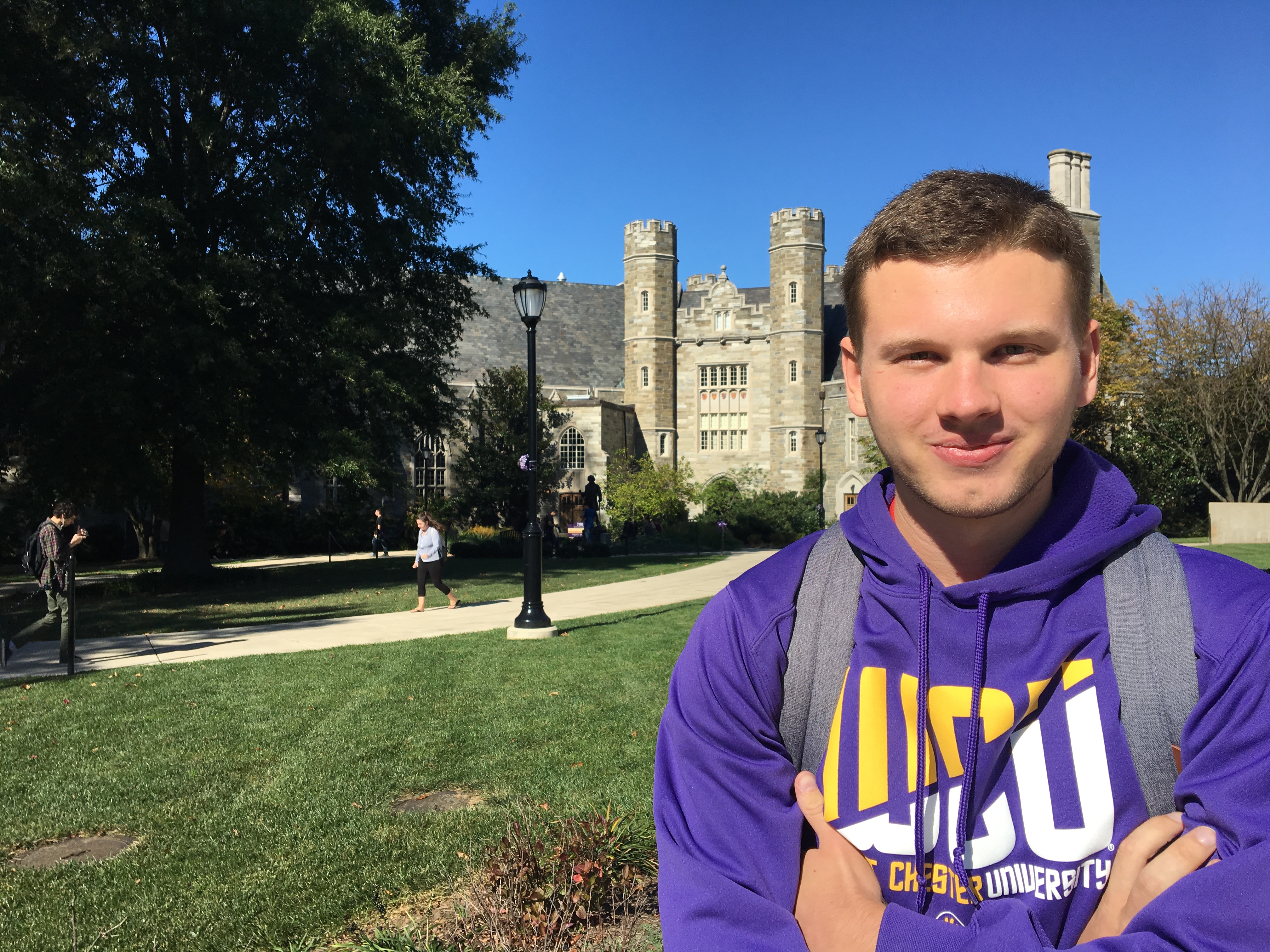 Senior Ryan Kutzler (quoted above) poses in front of Asplundh Hall while telling me about one of his favorite West Chester study spots.