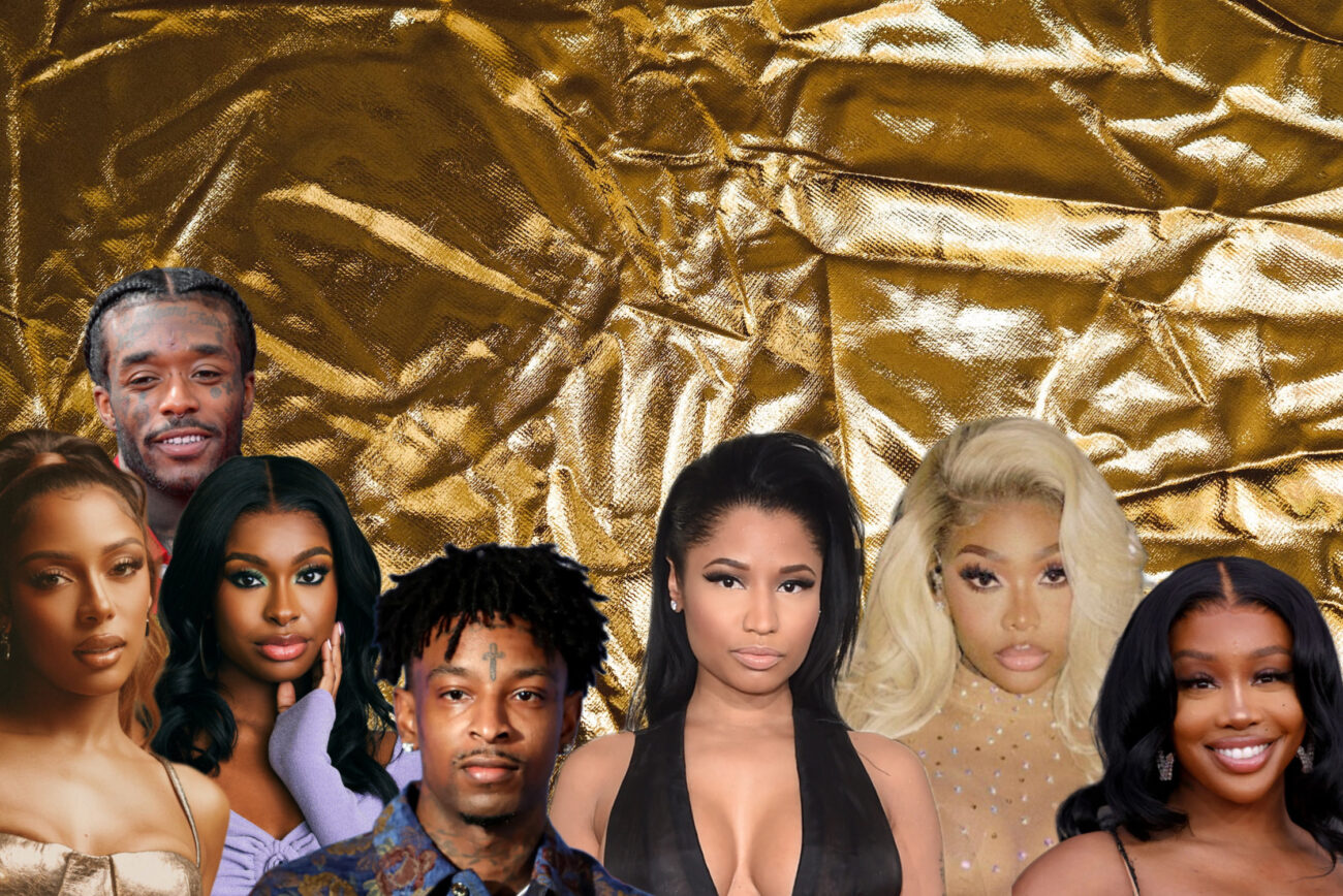 From left to right Victoria Monét, Lil Uzi Vert, Coco Jones, 21 Savage, Nicki Minaj, Summer Walker, and Sza